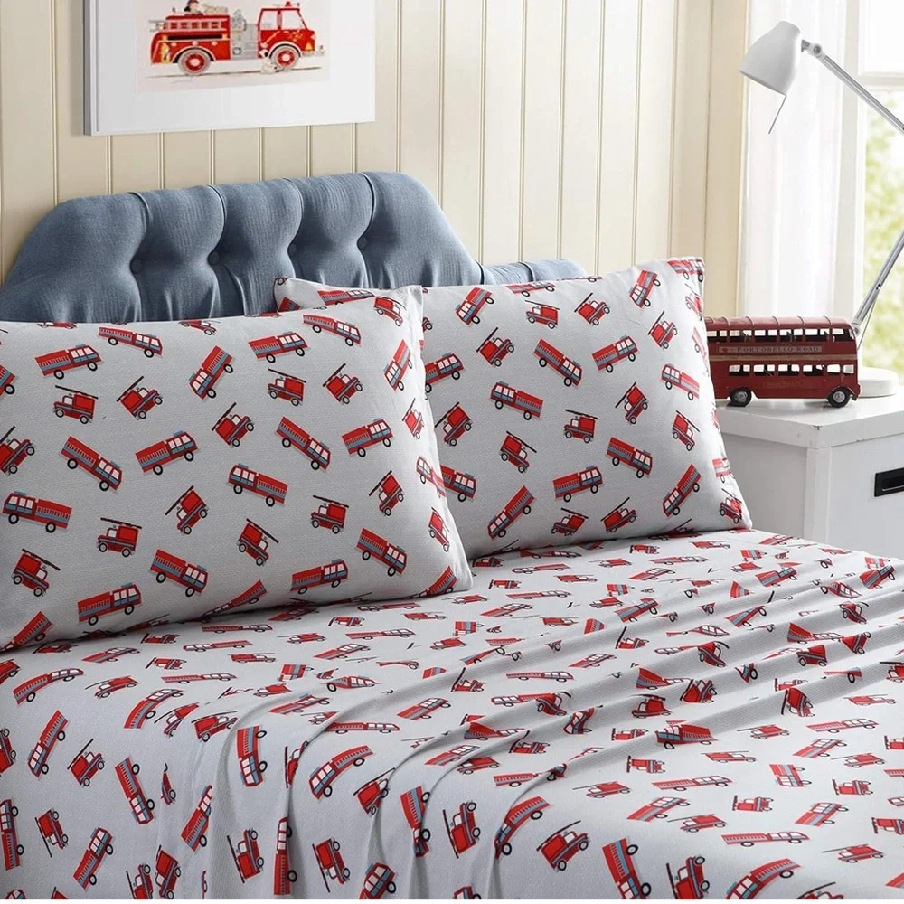 Kute Kids Fire Trucks Full Size Sheet Set Bedding, Easy Care Microfiber